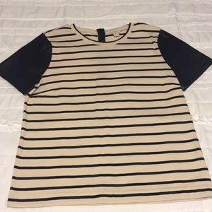 Black leather sleeve, navy blue and white stripes